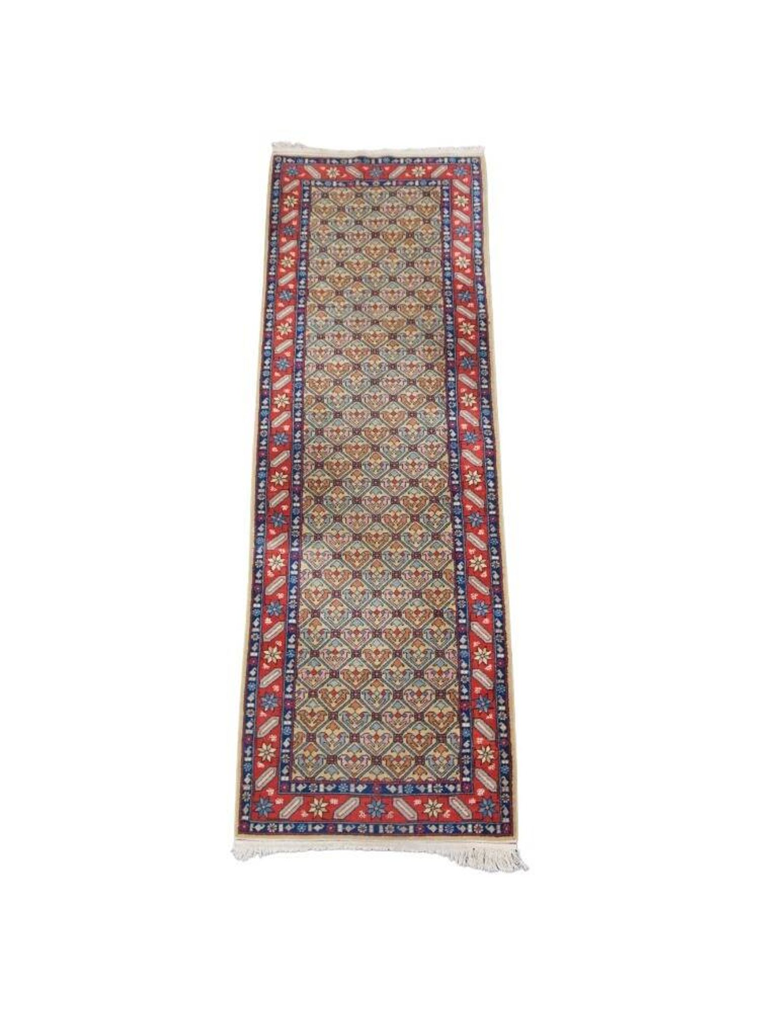 Colorful oriental runner with contrasting borders and cozy patterns, measuring 314x92 cm