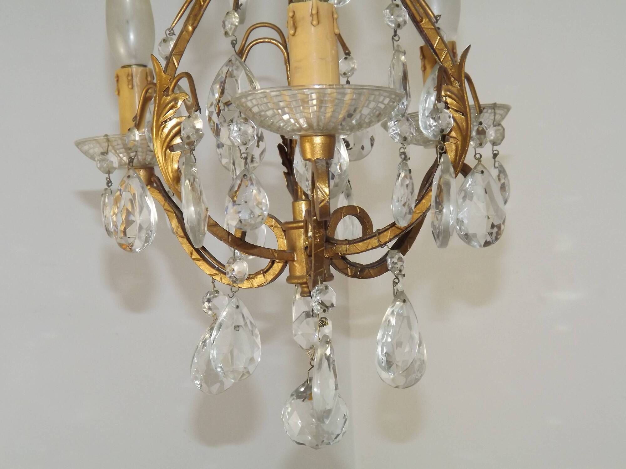 French Vintage Goldtone Metal & Crystal 3 Light Cage Chandelier 5502