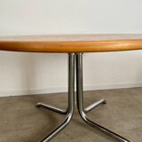 Old inlaid wood table designed by Dieter Waeckerlin Idealheim from the 70s with metal foot