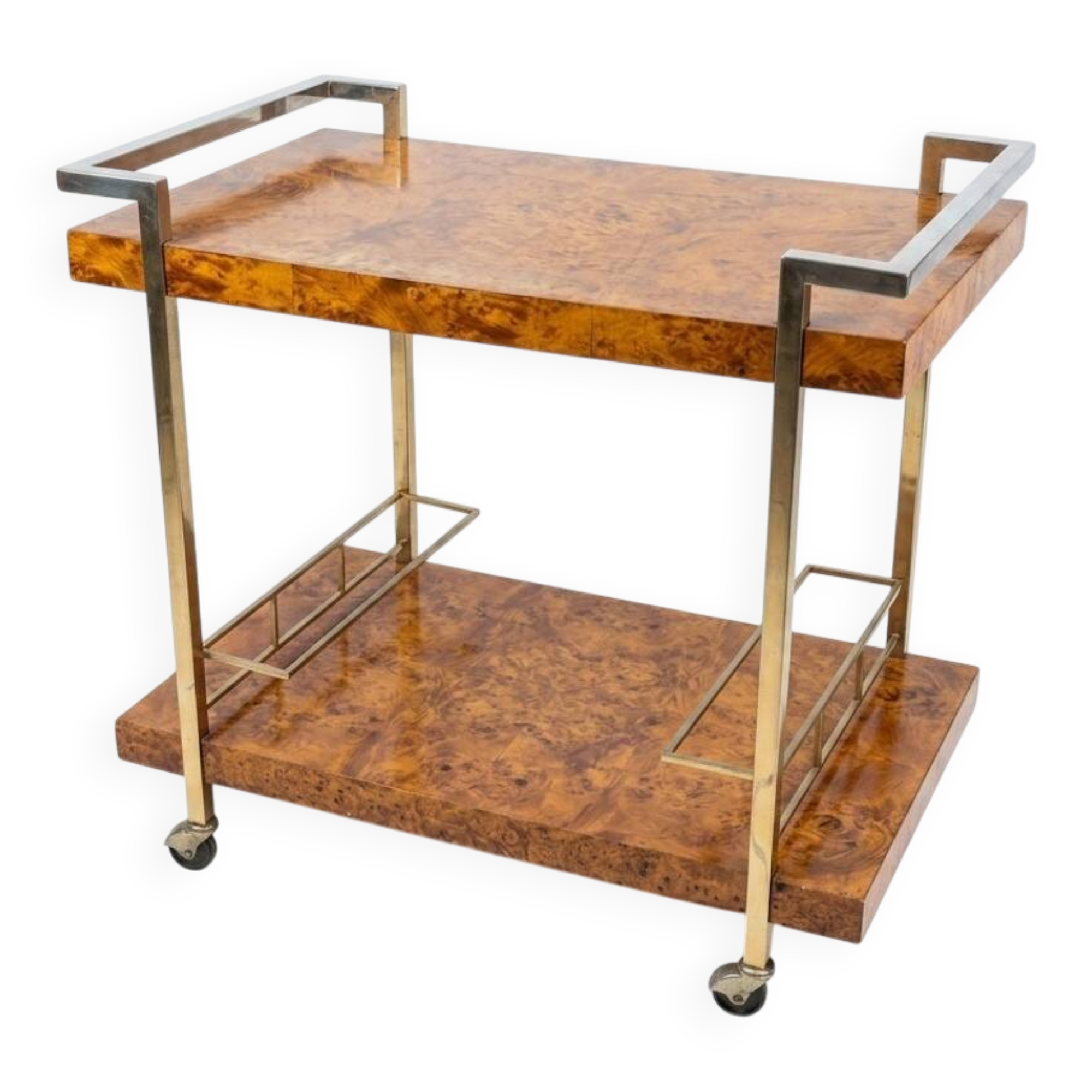 Desserte de bar en loupe d'orme et métal doré Style Hollywood Regenc