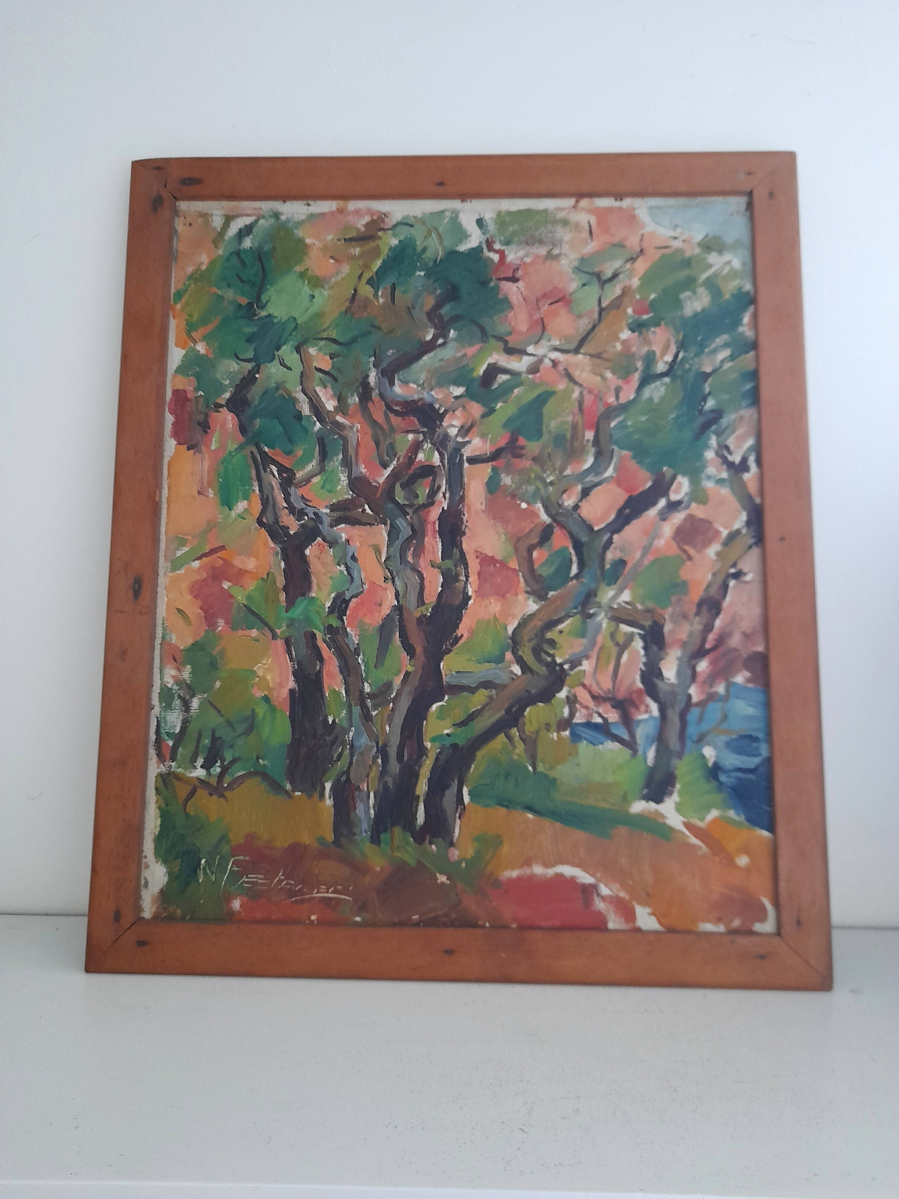 Oil on canvas scene of trees from the 1950s.