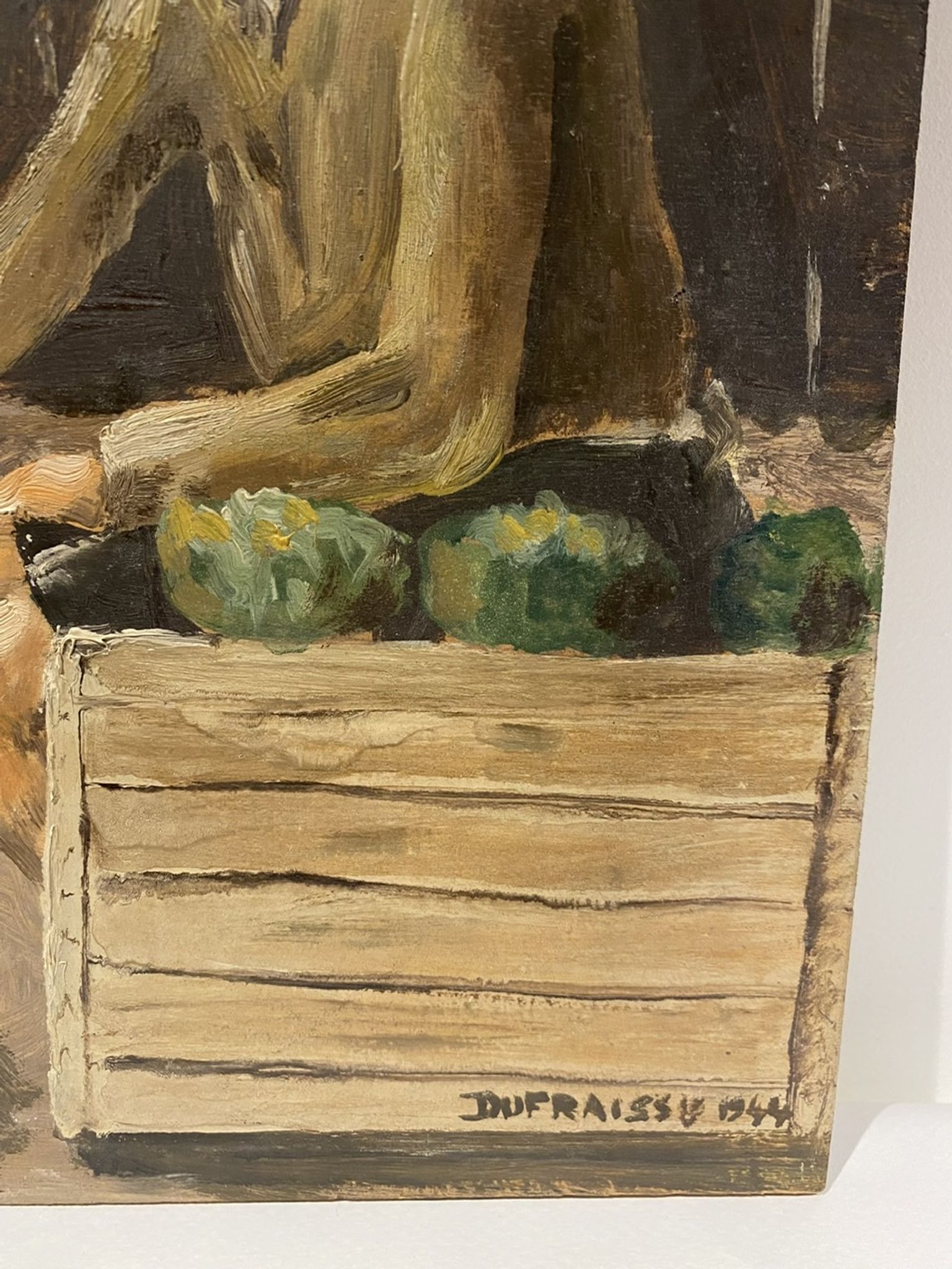 Old painting, portrait of a boy in a vegetable garden signed Dufraisse dated 1944