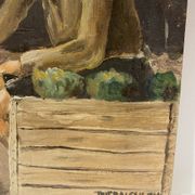 Old painting, portrait of a boy in a vegetable garden signed Dufraisse dated 1944