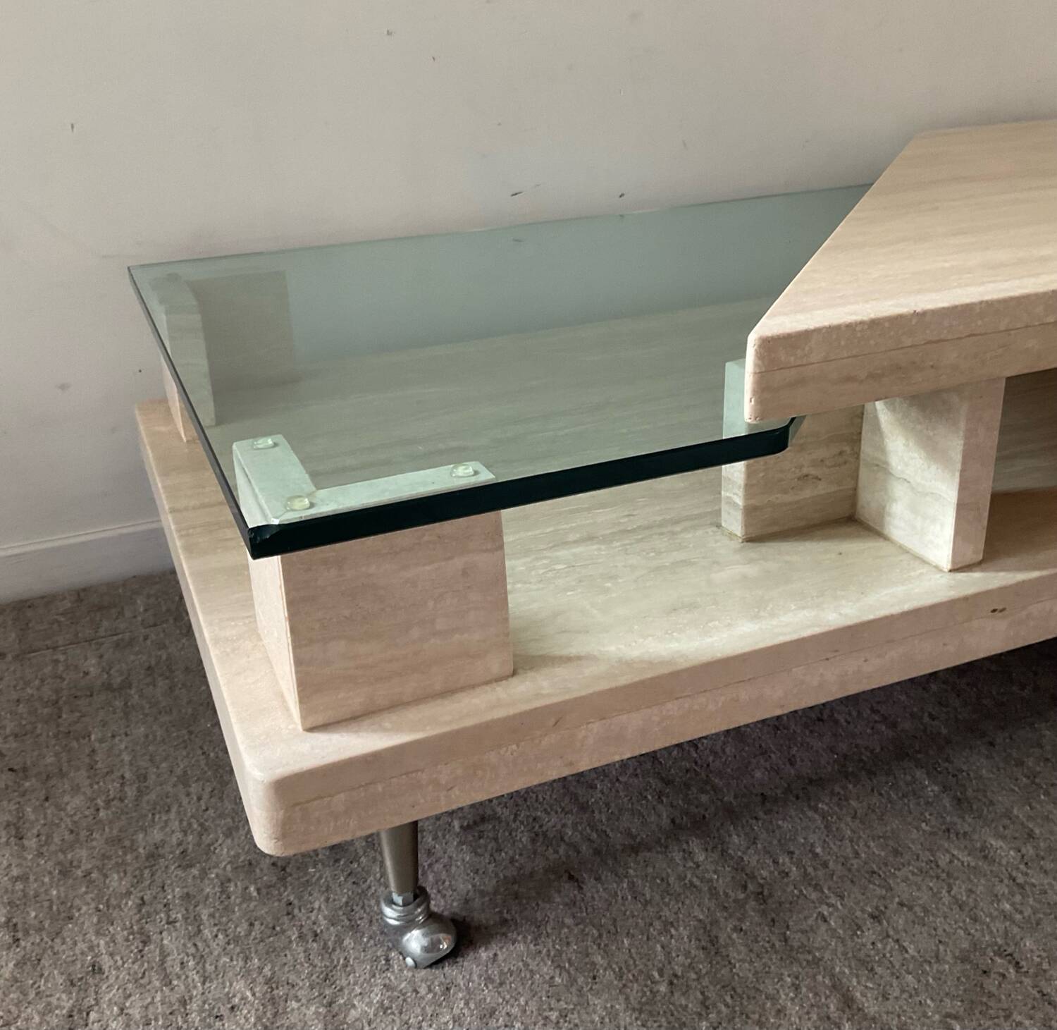 Vintage travertine and glass coffee table
