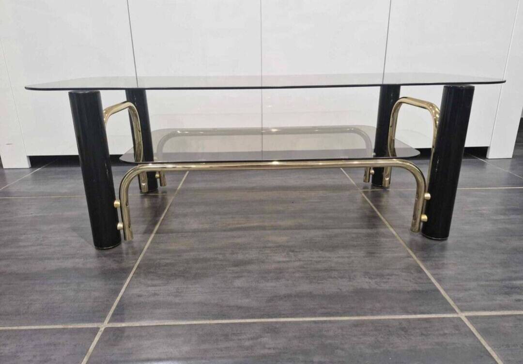 Vintage coffee table in gold metal and smoked glass, 1970s
