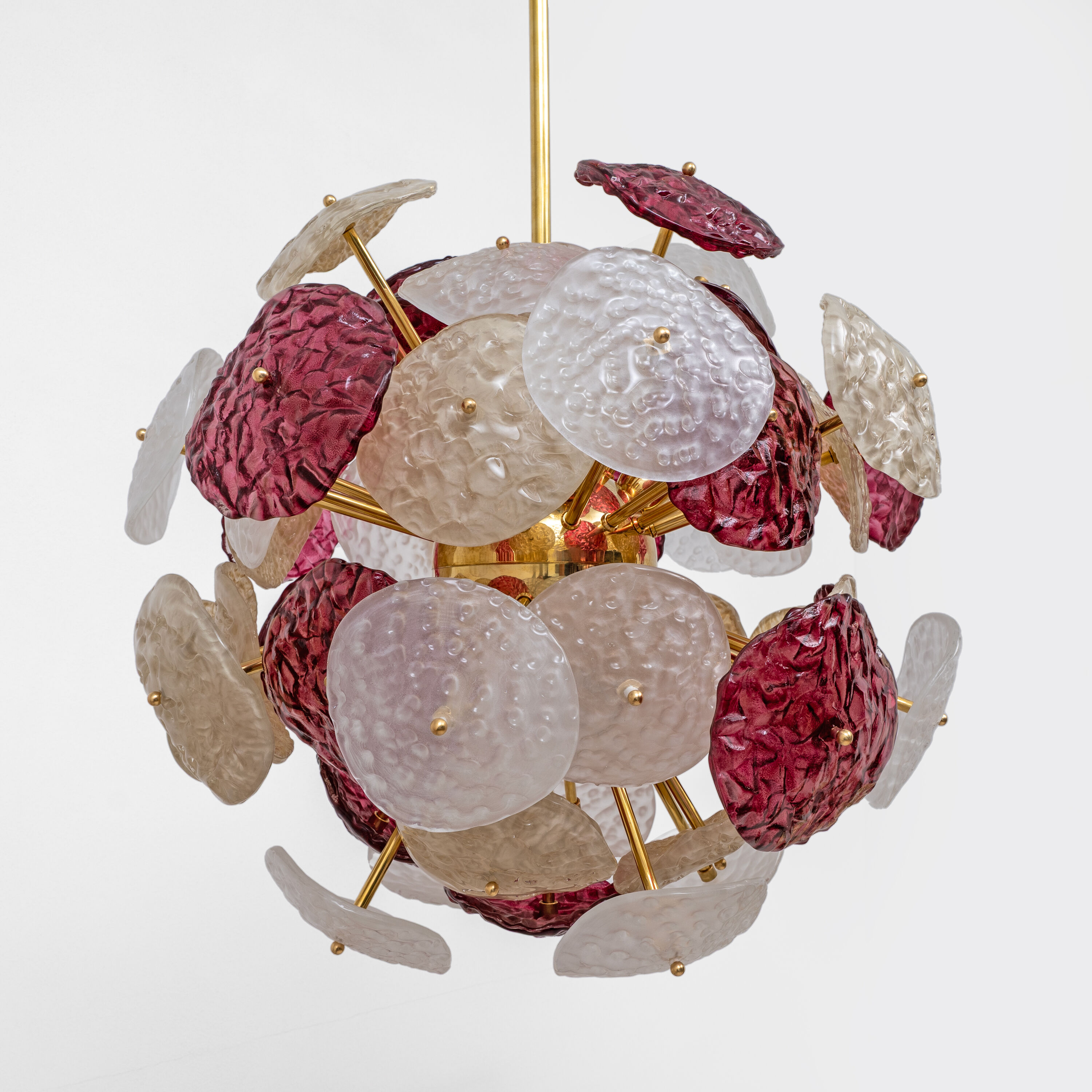 Murano Glass and Brass Sputnik Chandelier Cherry Red, White and Champagne