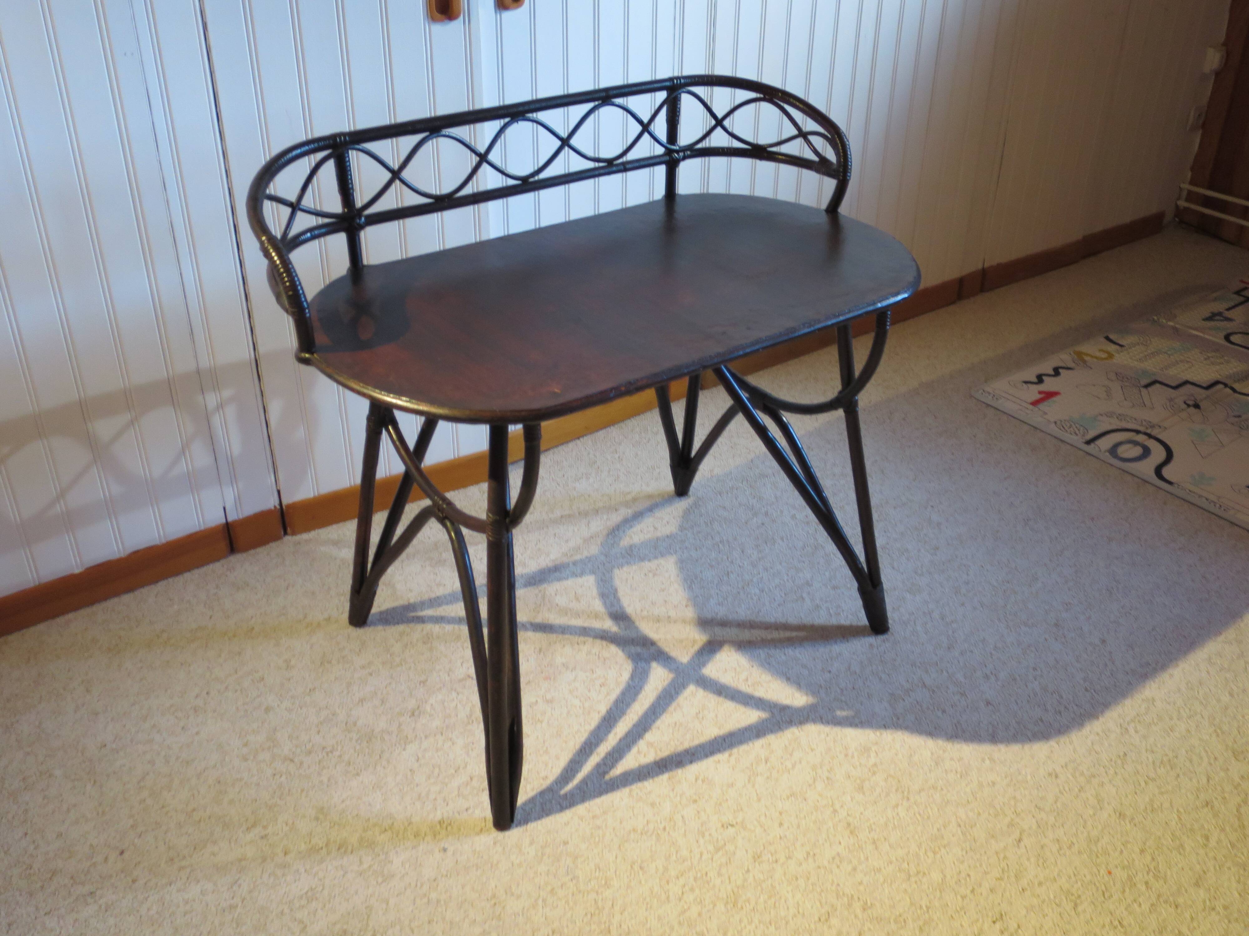 Vintage children's desk console bamboo rattan curved wood Thonet style 80s dark mahogany