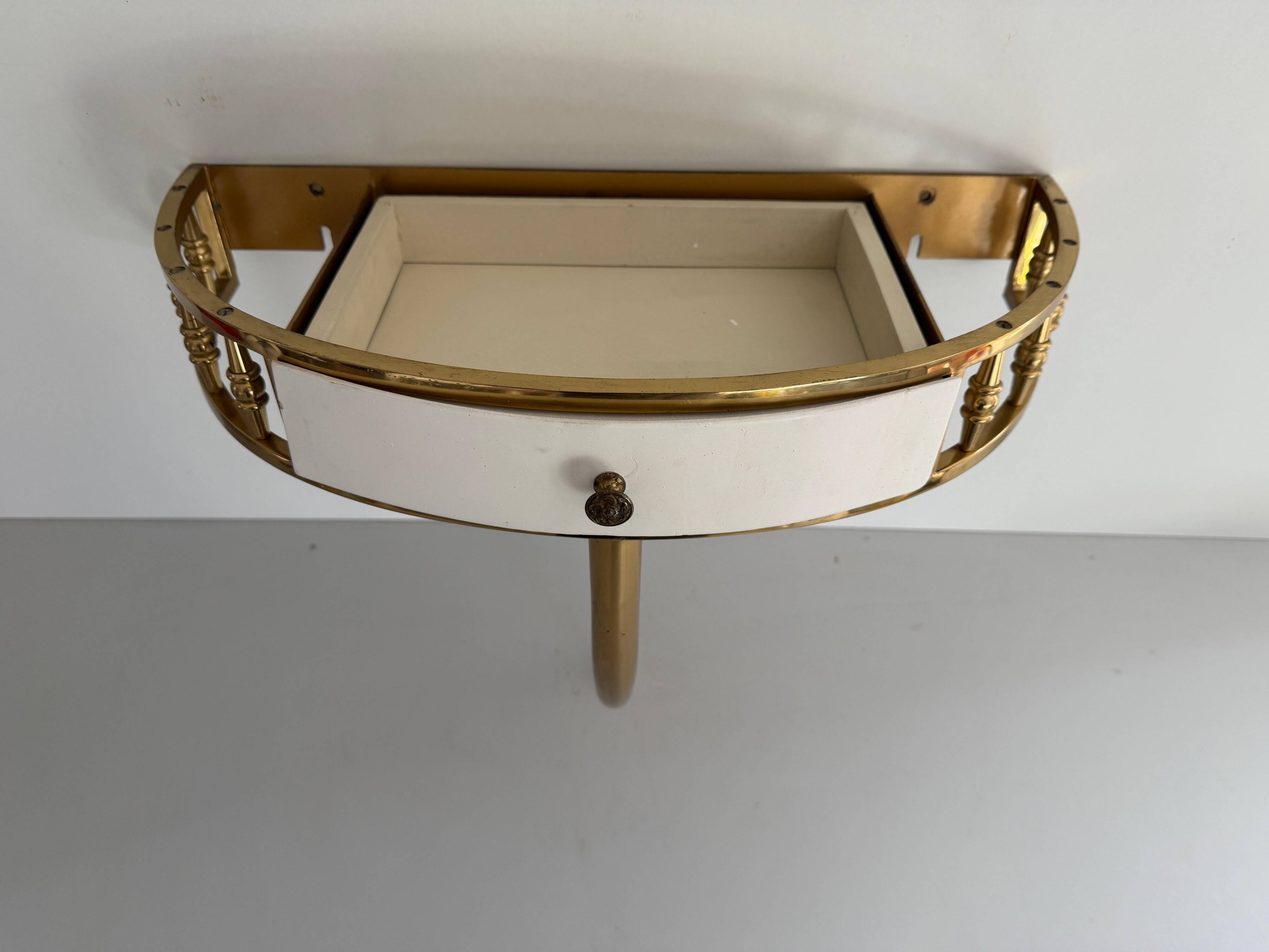 Floating wall console with drawer, brass body and marble top, 1960s, Italy