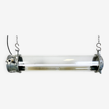 Industrial french polished aluminium hanging tube light, 1970s