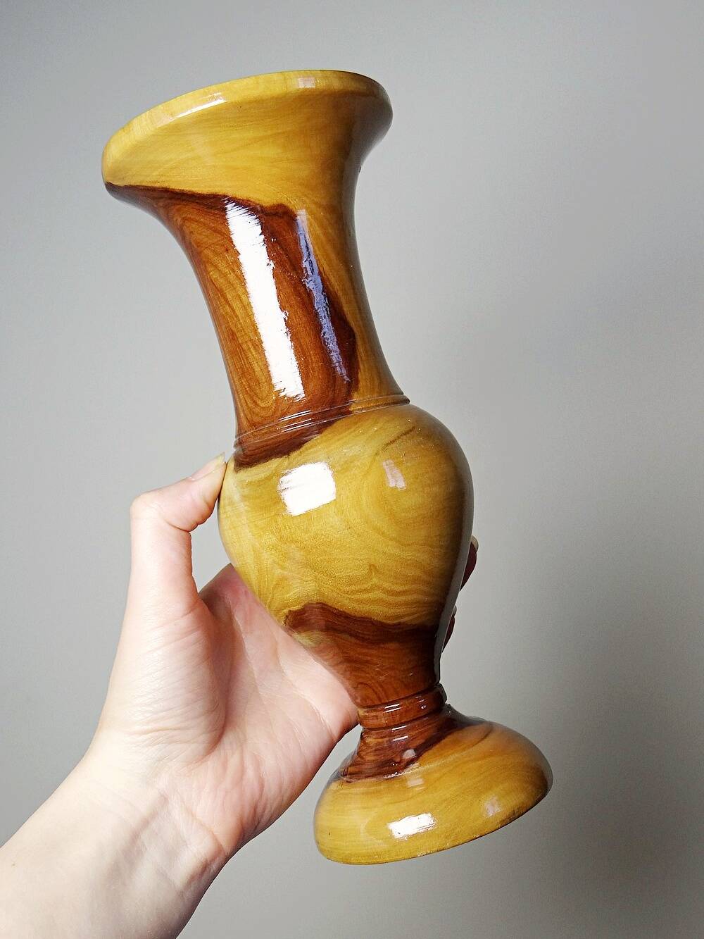 Small vintage hand-turned olive wood vase