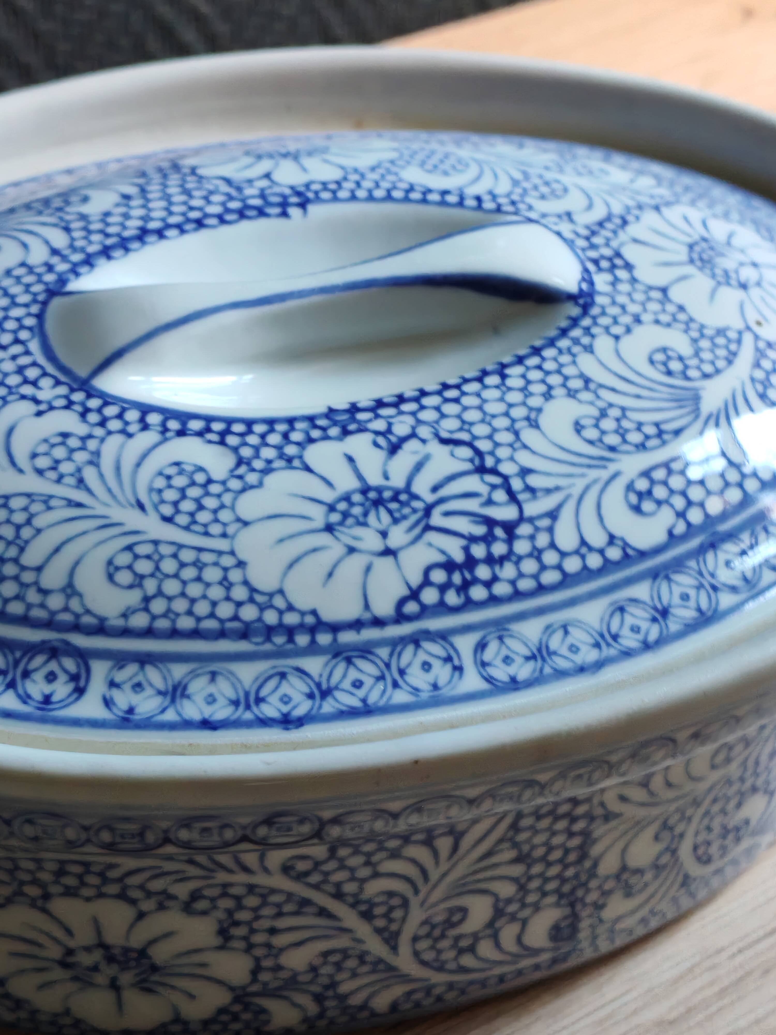 Oval Vintage Terrine in Blue and White Porcelain, Casserole with Lid