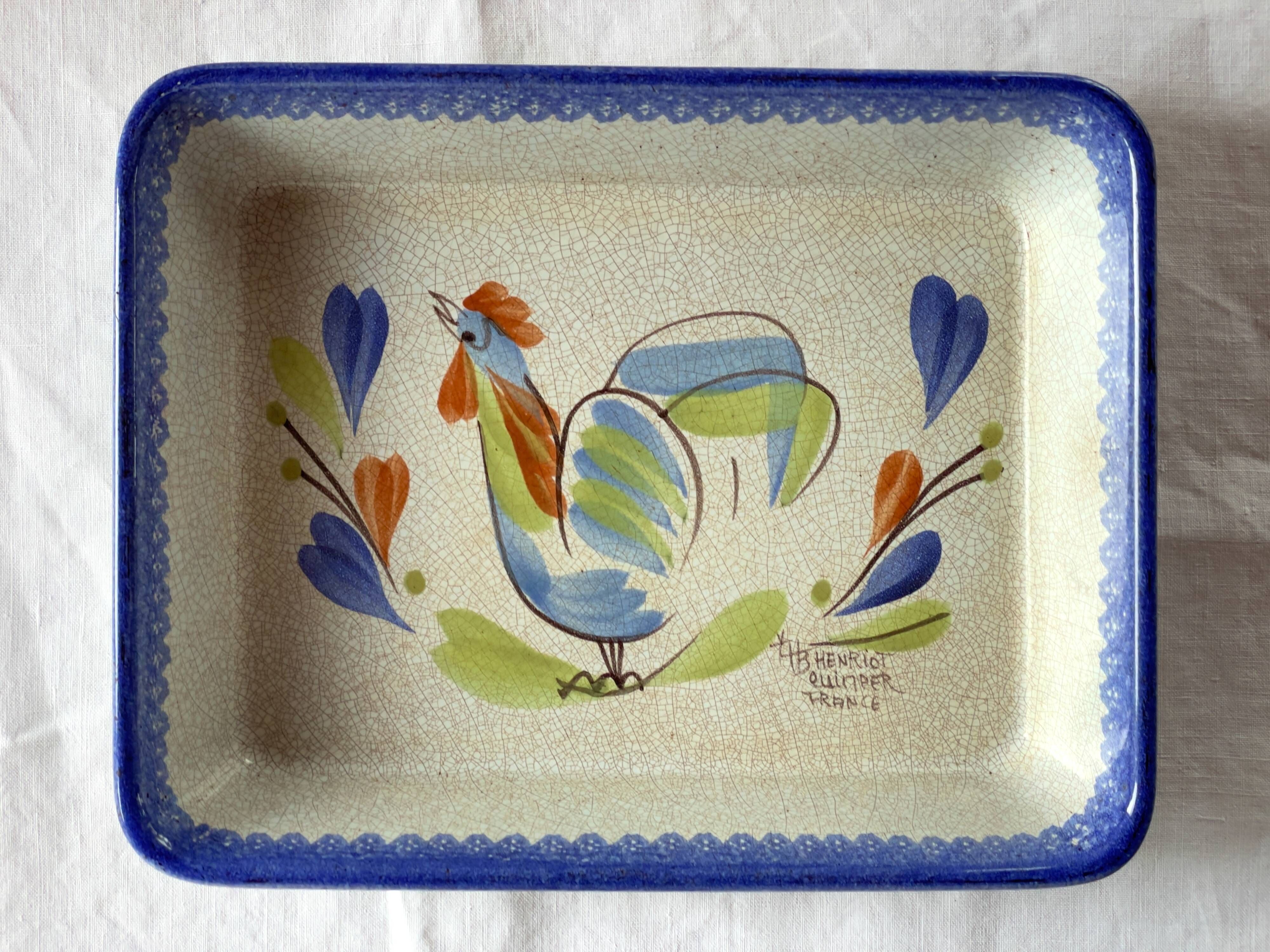 Antique and rare emile henry oven dish with hb henriot quimper decoration 1950