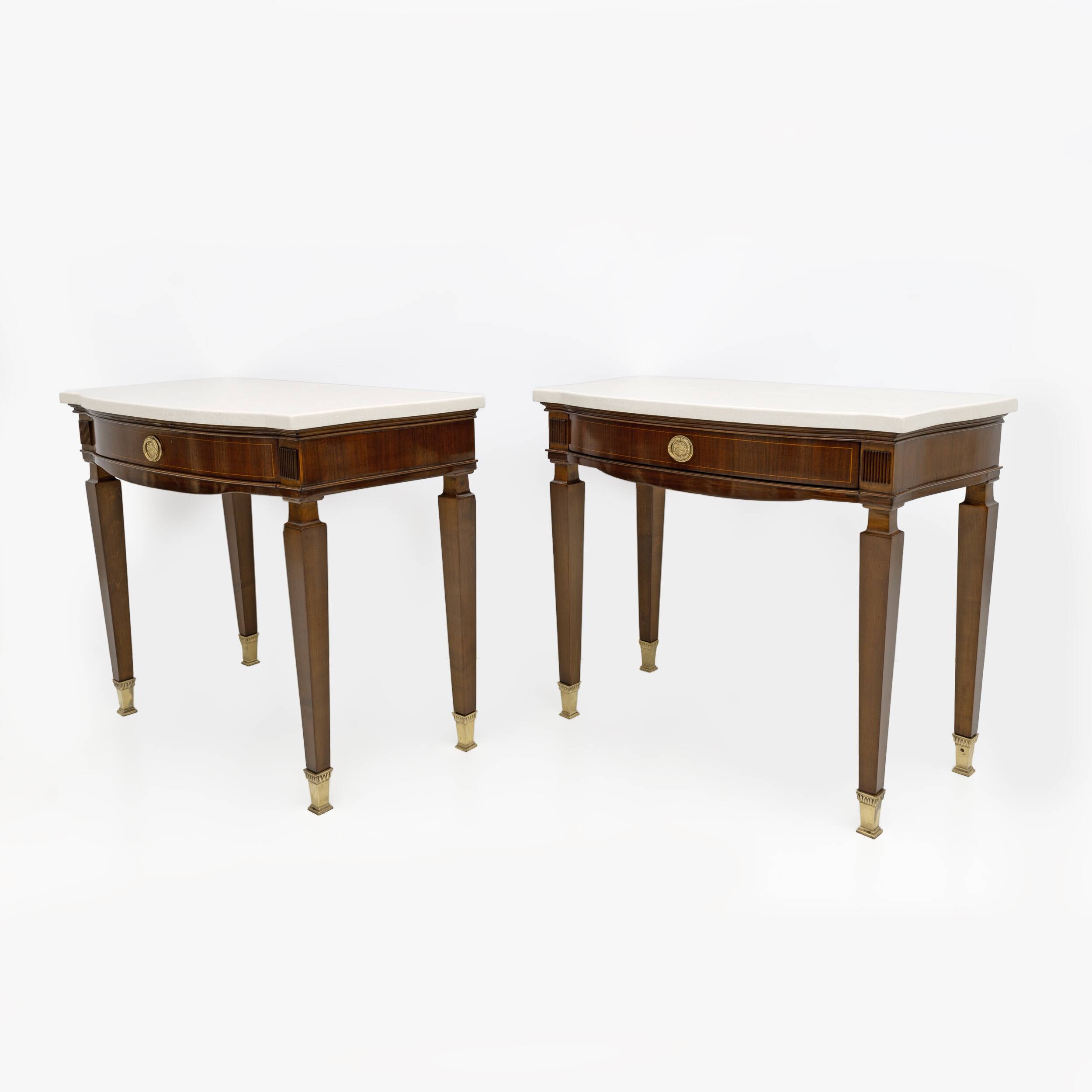 Pair of Neoclassical Style Marble and Mahogany Bedside Tables