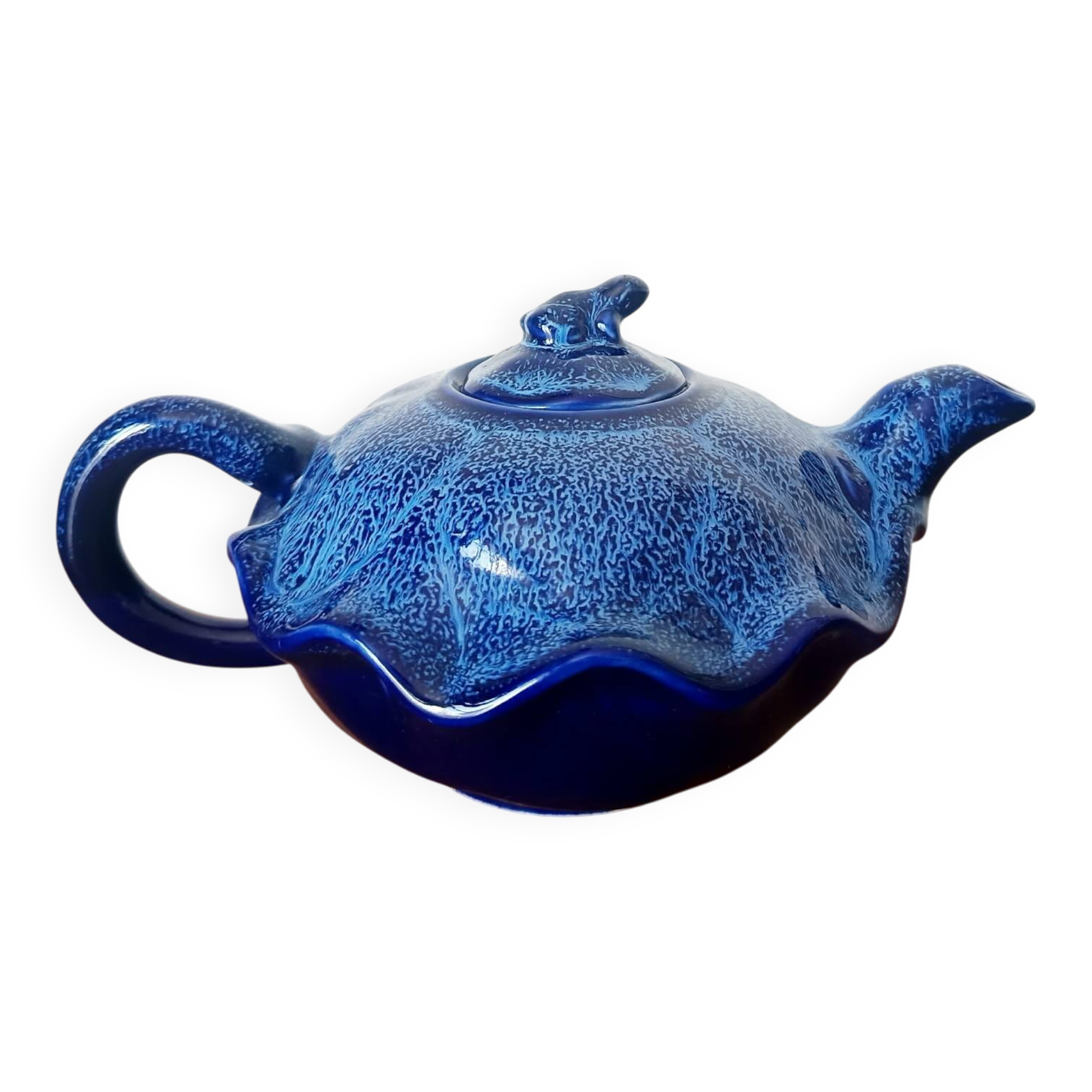 Blue ceramic Art Deco teapot with a frog.