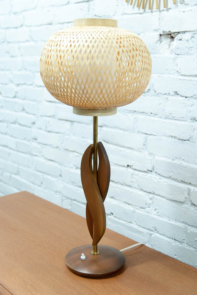 Teak brass and rattan table lamp