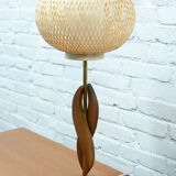 Teak brass and rattan table lamp