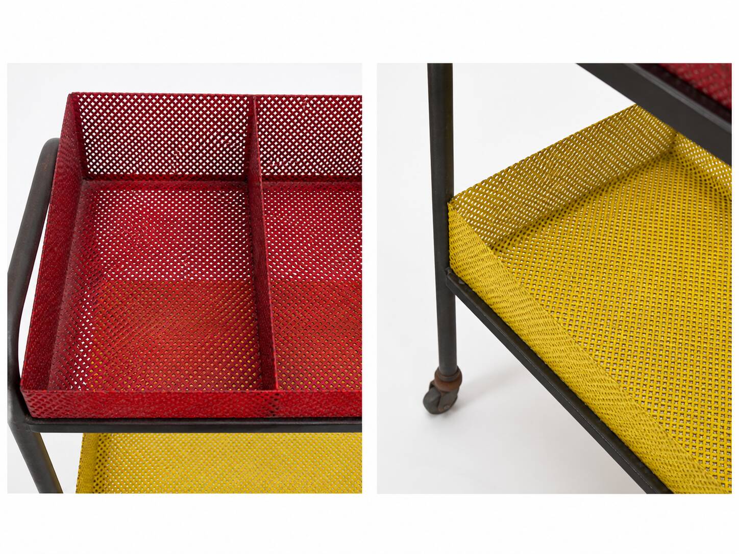 Vintage perforated metal dessert trolley — Mathieu Matégot style — 1950s