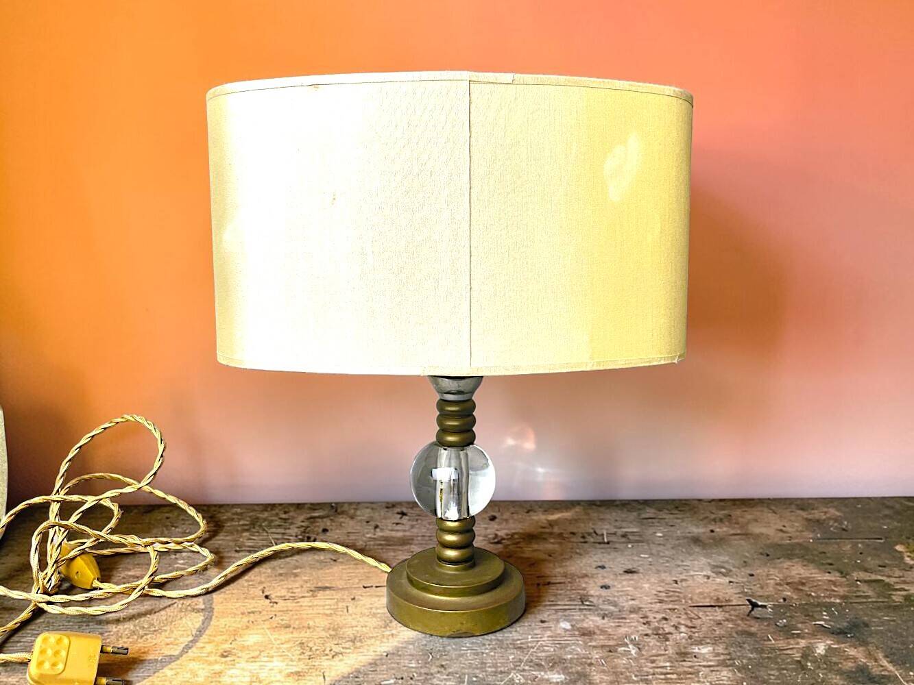 Hollywood Regency inspired brass table lamp drum lampshade