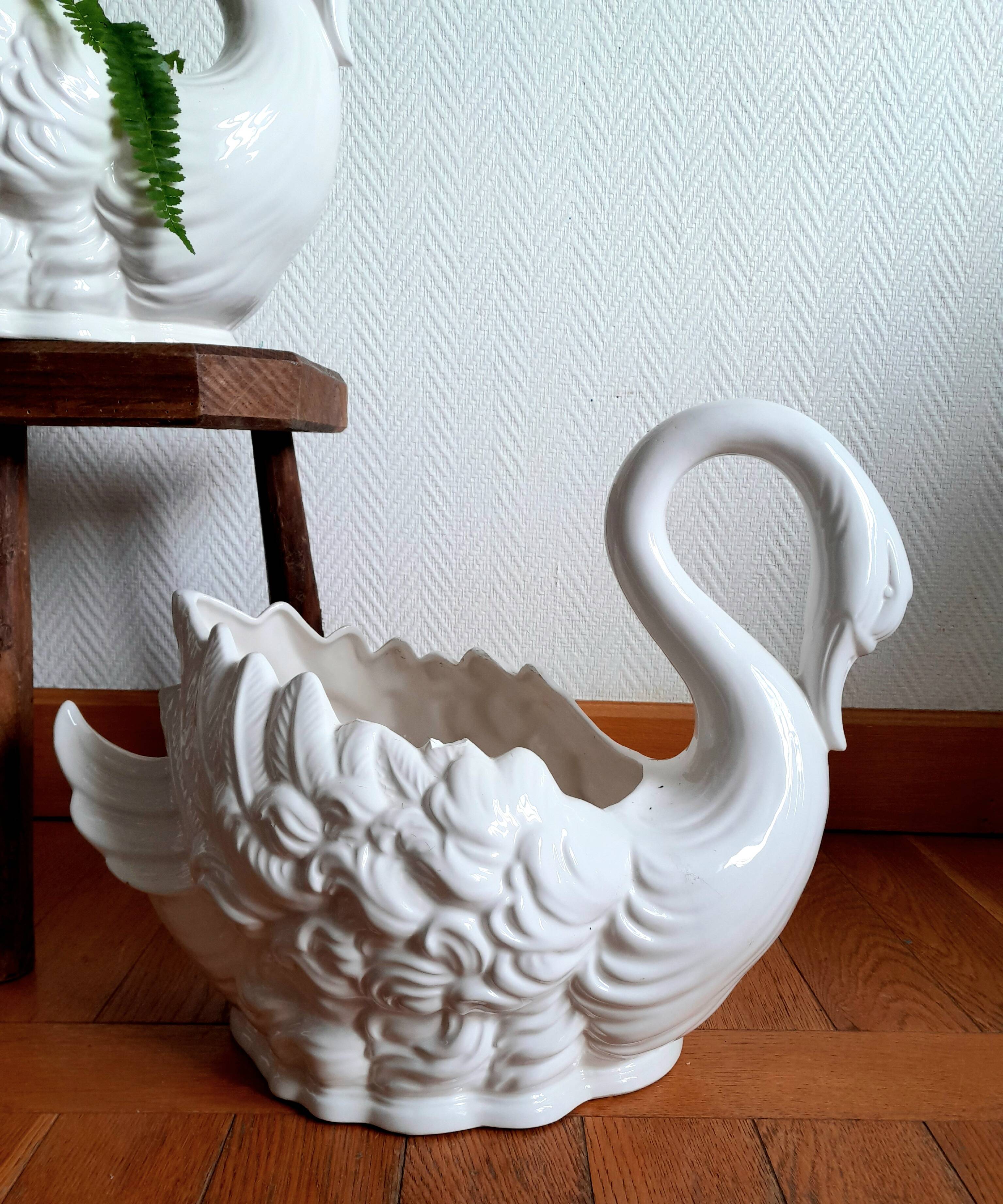 Pair of ceramic swan pot covers 1970