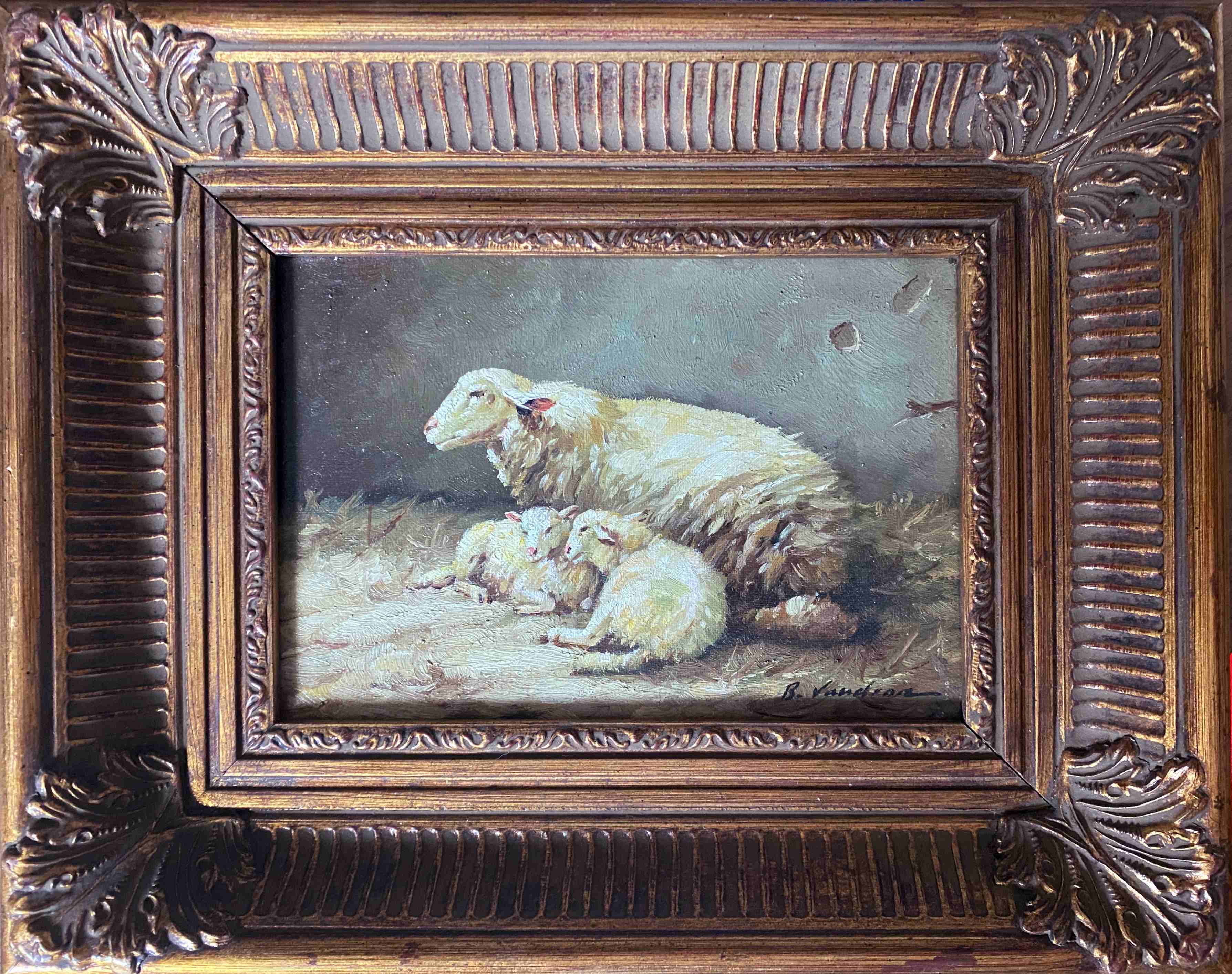 Painting bergerie signed B. Vaudron and frame