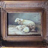 Painting bergerie signed B. Vaudron and frame