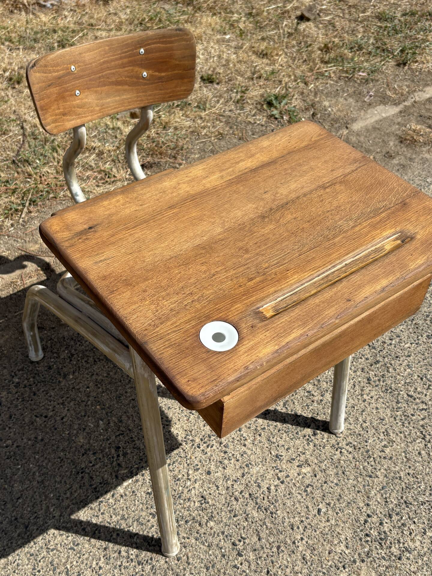 Renovated antique desk with inkwell