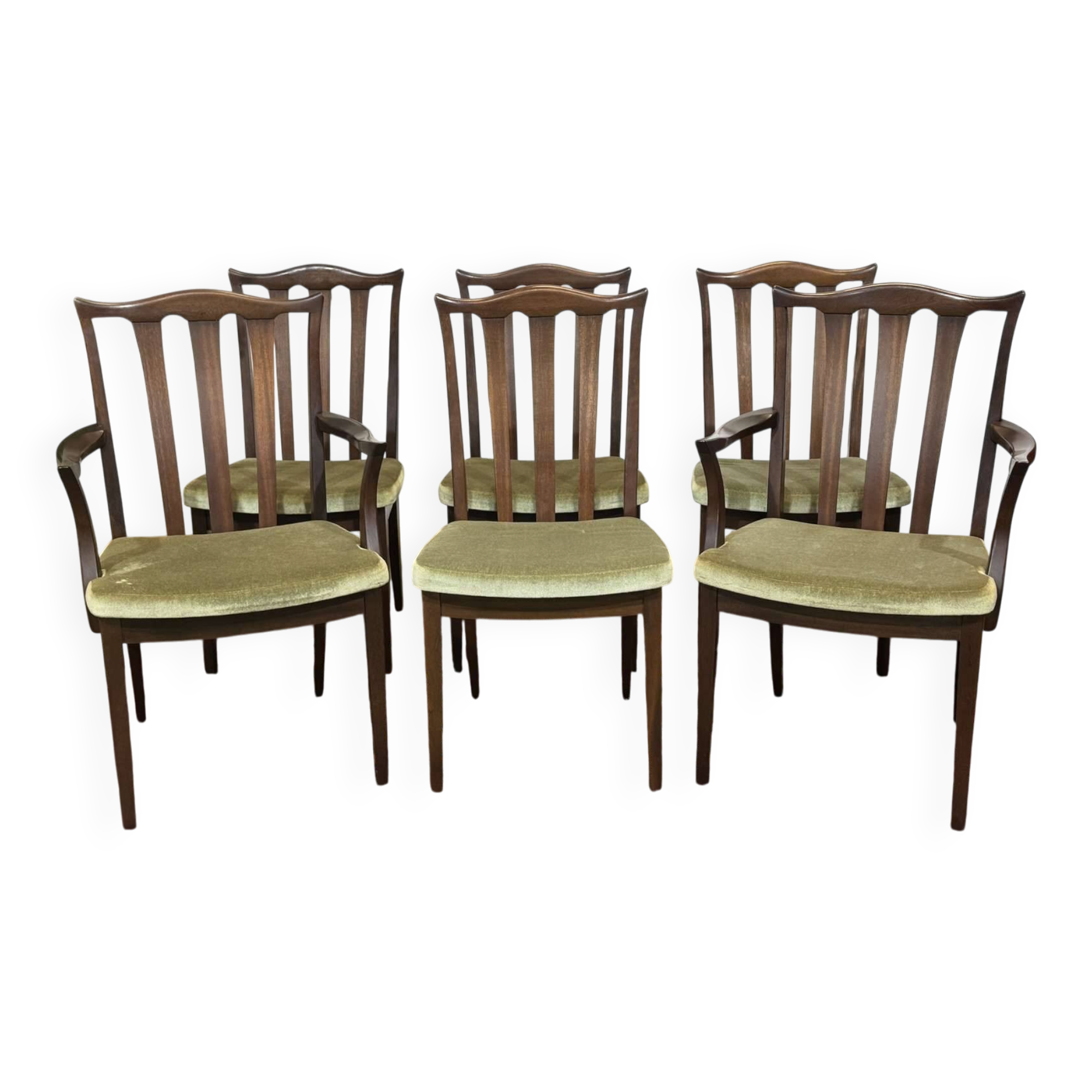 Suite de 4 chaises et 2 fauteuils anglais en acajou de la marque GPlan