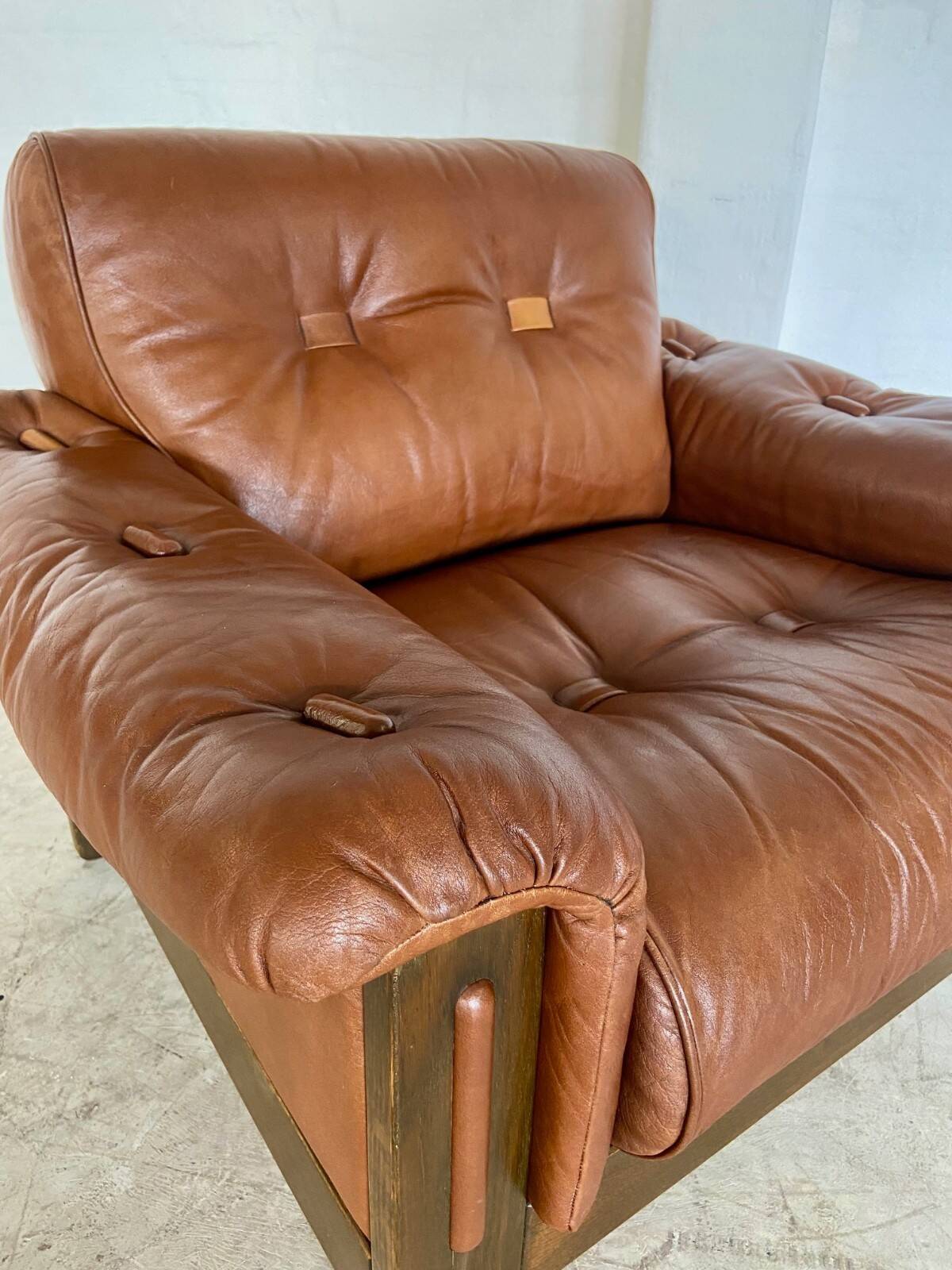 Mid-century vintage Scandinavian leather lounge chair in cognac brown leather