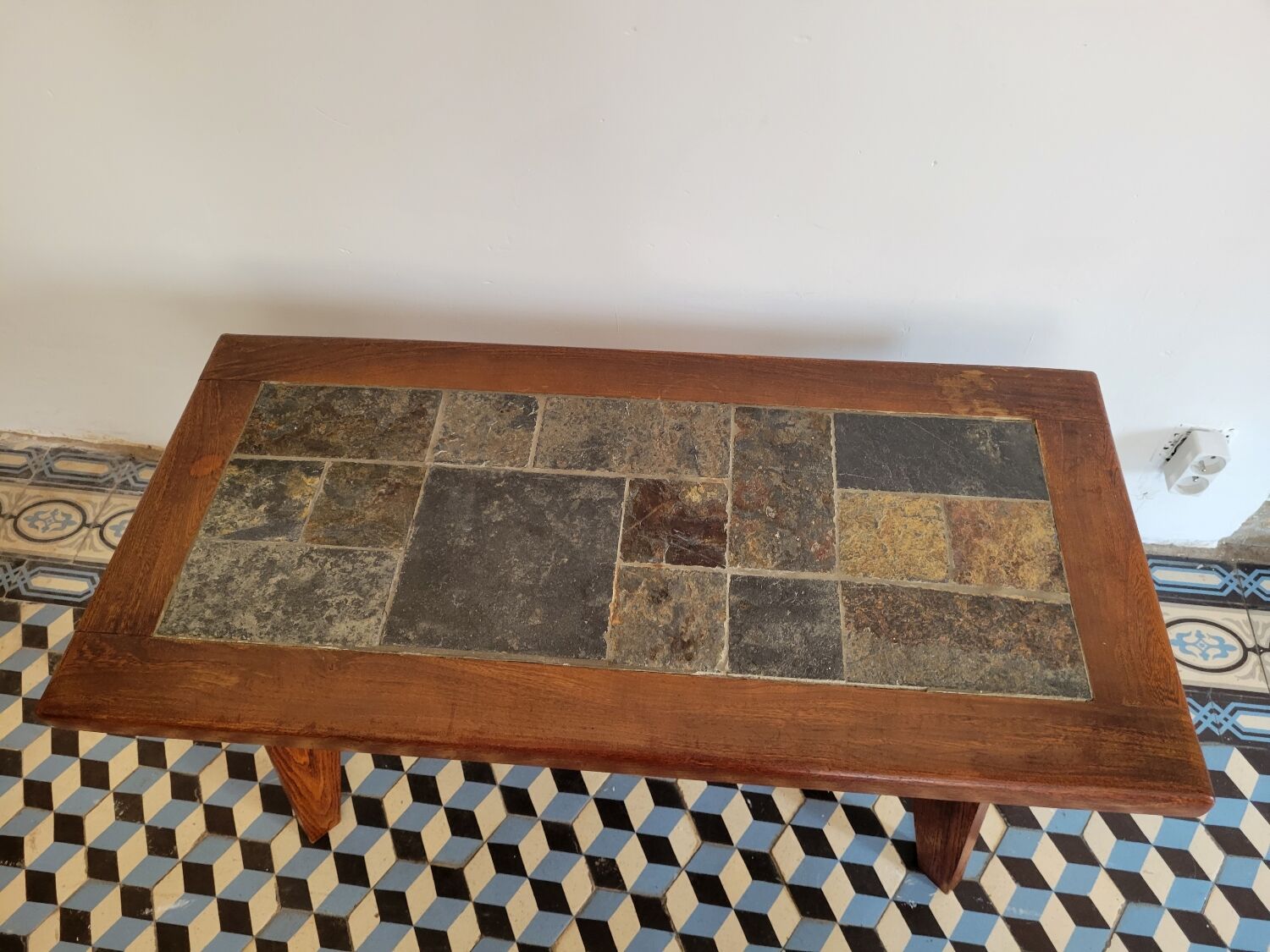 Brutalist coffee table wood and slate
