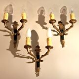 Set of 3 Empire style wall lights in bronze and gilded and green lacquered brass, Circa 1950.