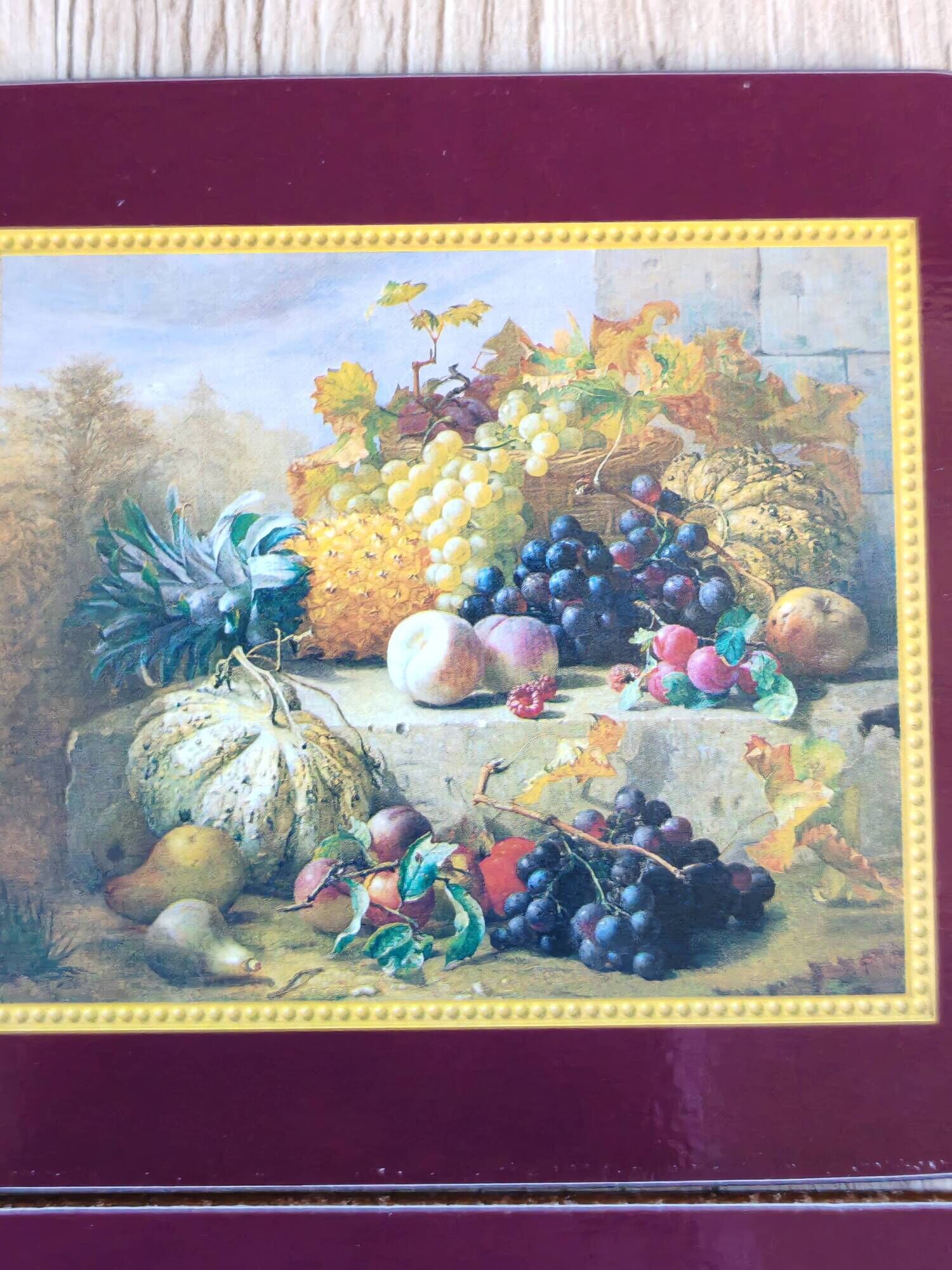 Set of 6 vintage Jason "Still Life Fruit" coasters, cork and durable.