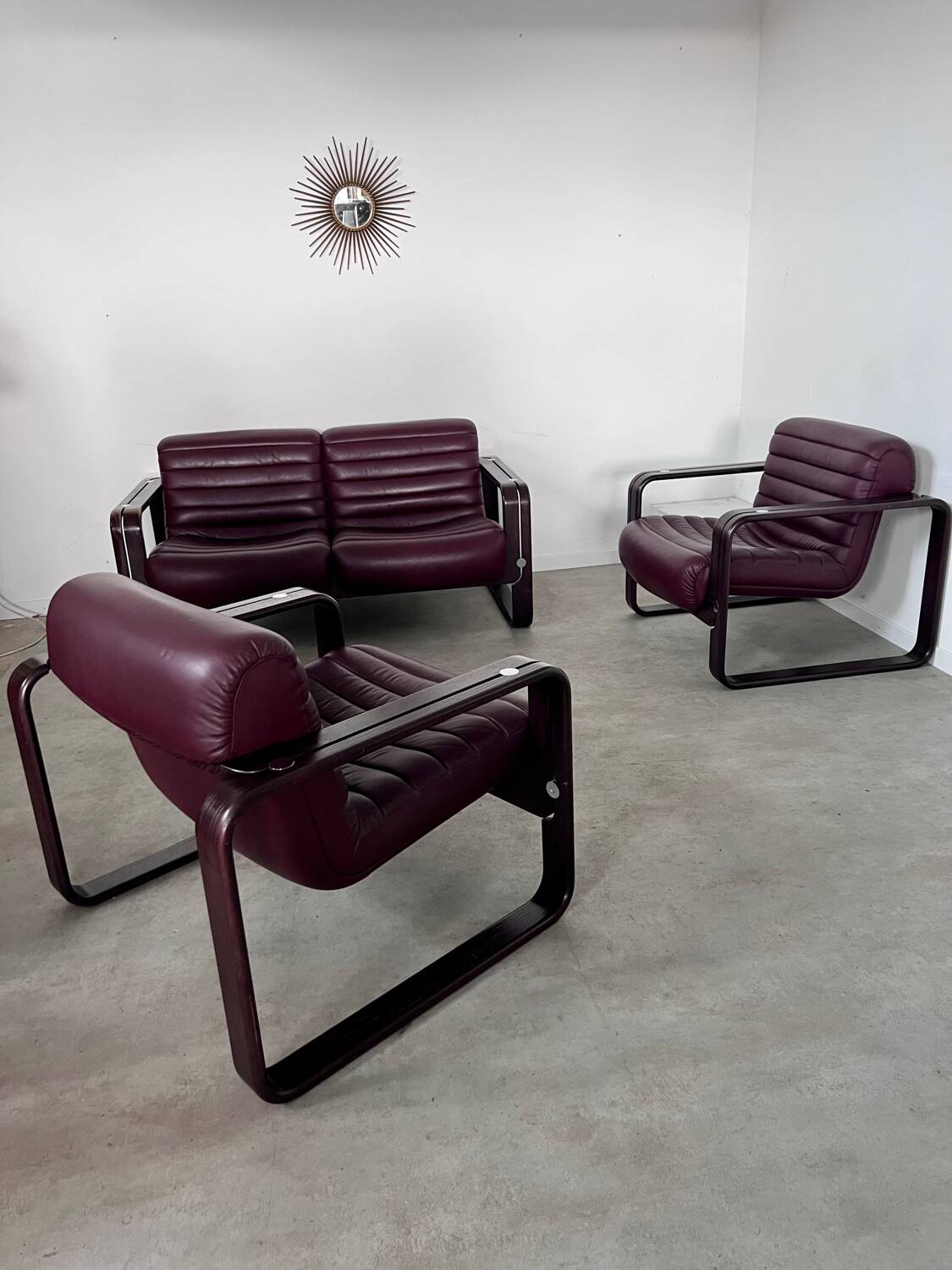 Sofa set and 2 vintage leather armchairs designed by Albert Stoll Giroflex 1970s