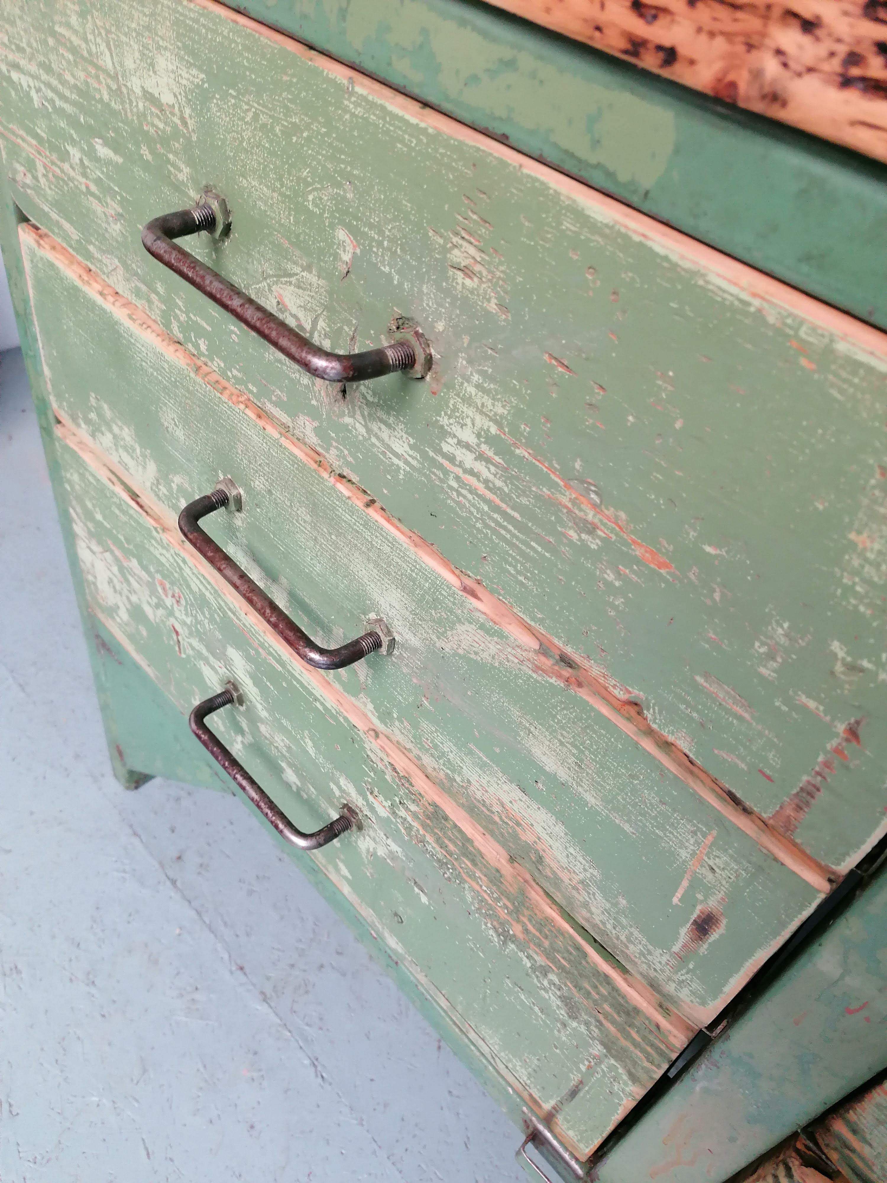 Old wooden garage workbench, industrial vintage.