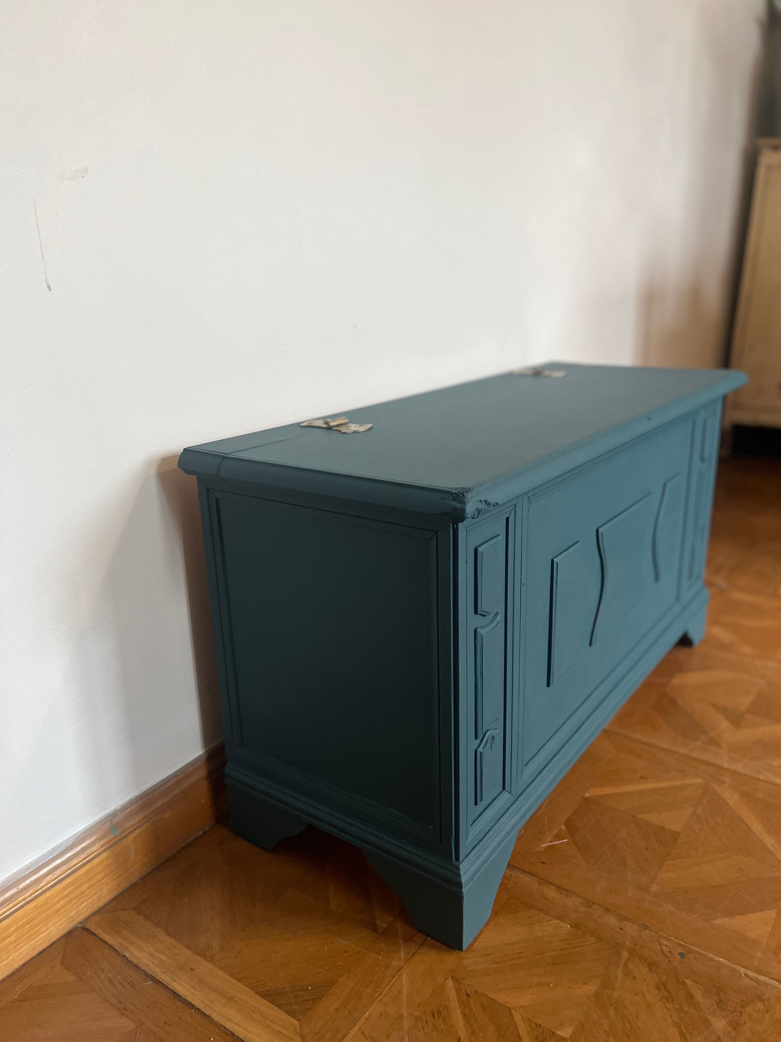 Peacock blue wooden toy chest