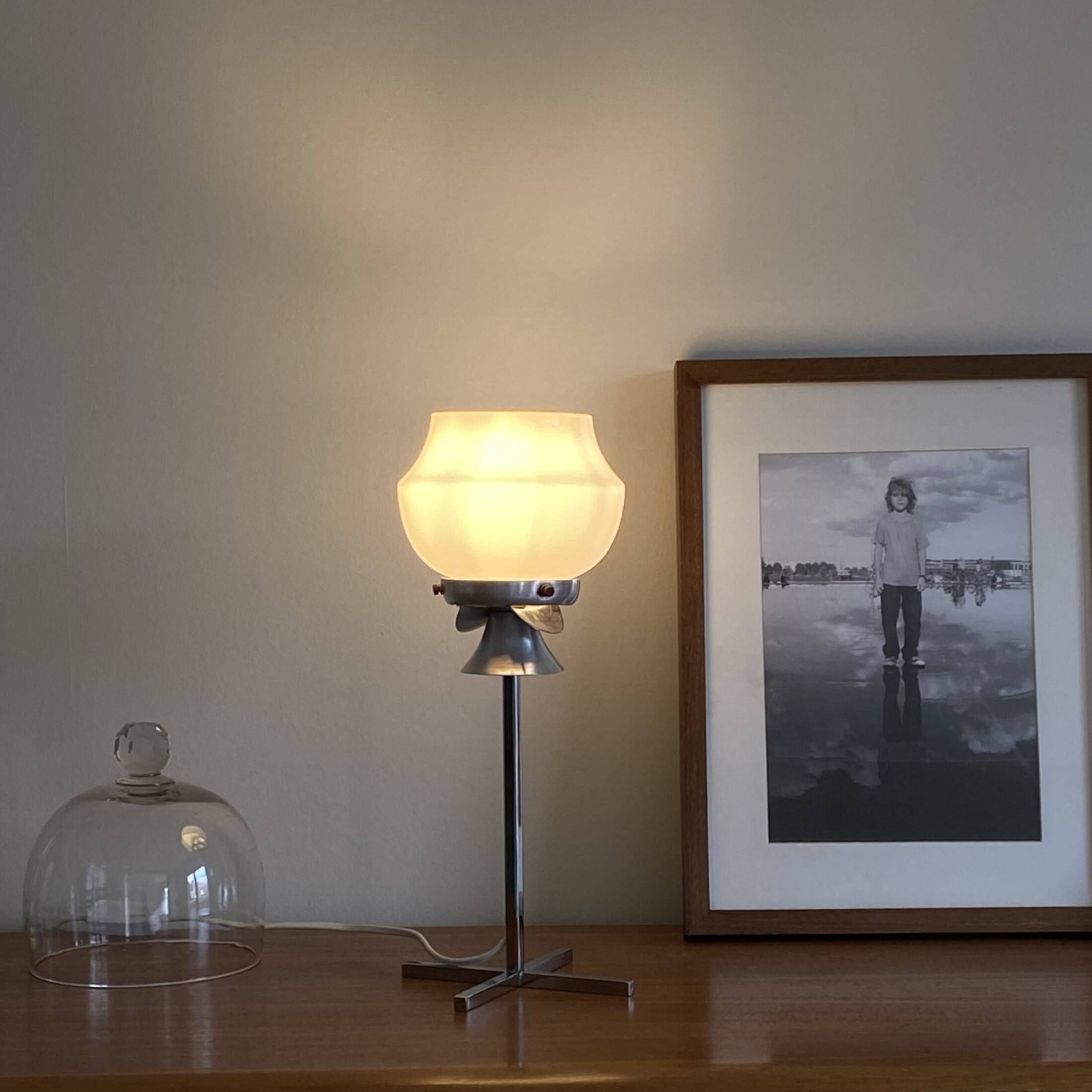 Table lamp in white opaline glass and chrome metal base vintage bedside side LAMP-7145