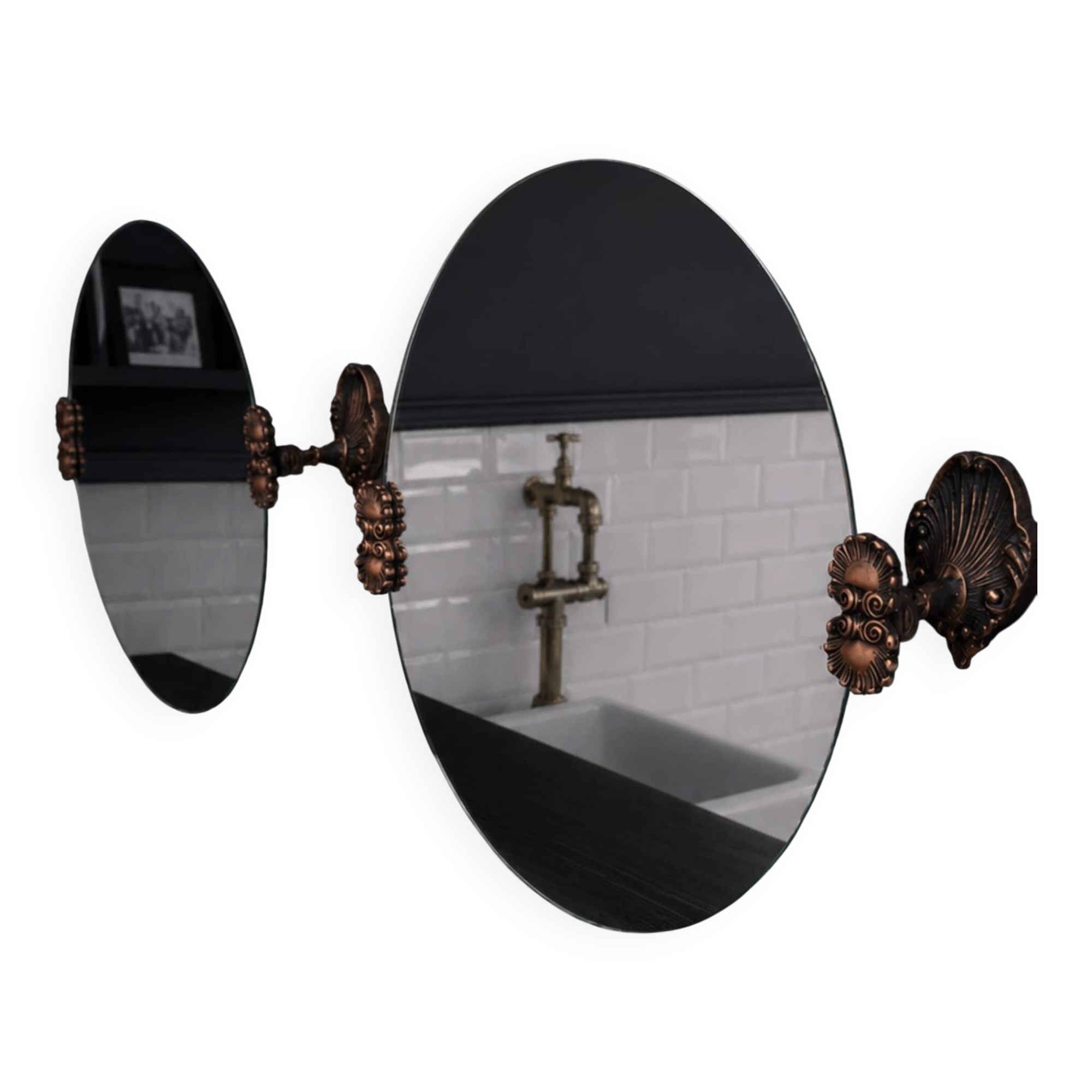 2 round mirrors made of copper alloy, 1940s-1950s