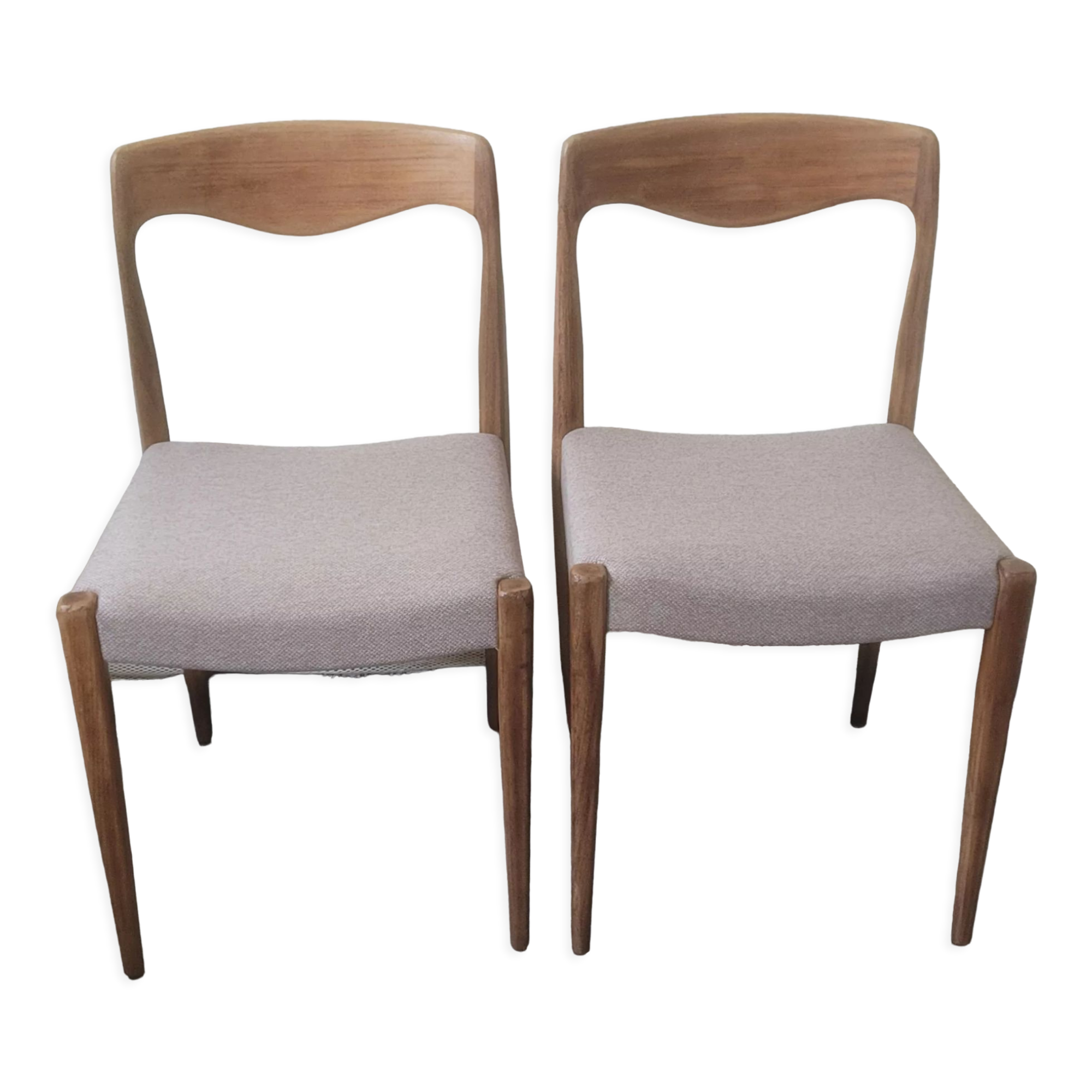 Pair of Scandinavian teak chairs sitting beige gray fabric