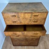 Tall chest of drawers, Art Deco weekly chest in flamed walnut, 1930-1940