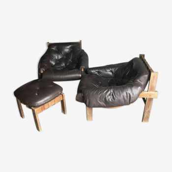 Mid-Century Brown Tufted Leather Armchairs & Ottoman in the Style of Percival Lafer, 1960s, Set of 3