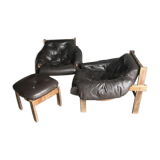 Mid-Century Brown Tufted Leather Armchairs & Ottoman in the Style of Percival Lafer, 1960s, Set of 3