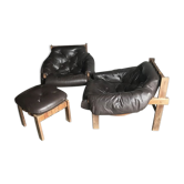 Mid-Century Brown Tufted Leather Armchairs & Ottoman in the Style of Percival Lafer, 1960s, Set of 3