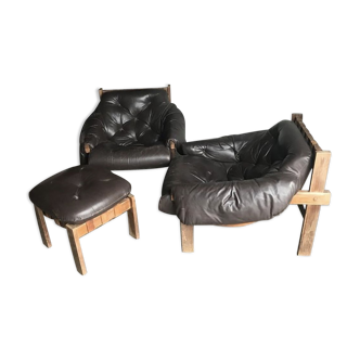 Mid-Century Brown Tufted Leather Armchairs & Ottoman in the Style of Percival Lafer, 1960s, Set of 3