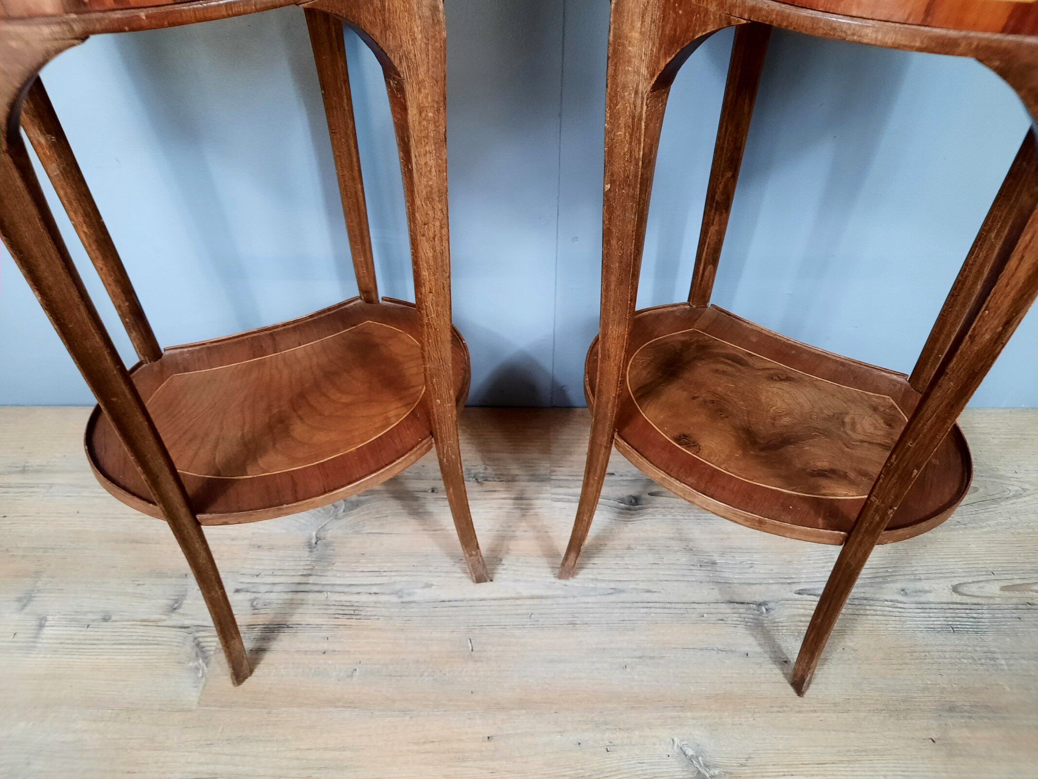 Pair of bedside Louis XV drums in precious wood marquetry of the twentieth century