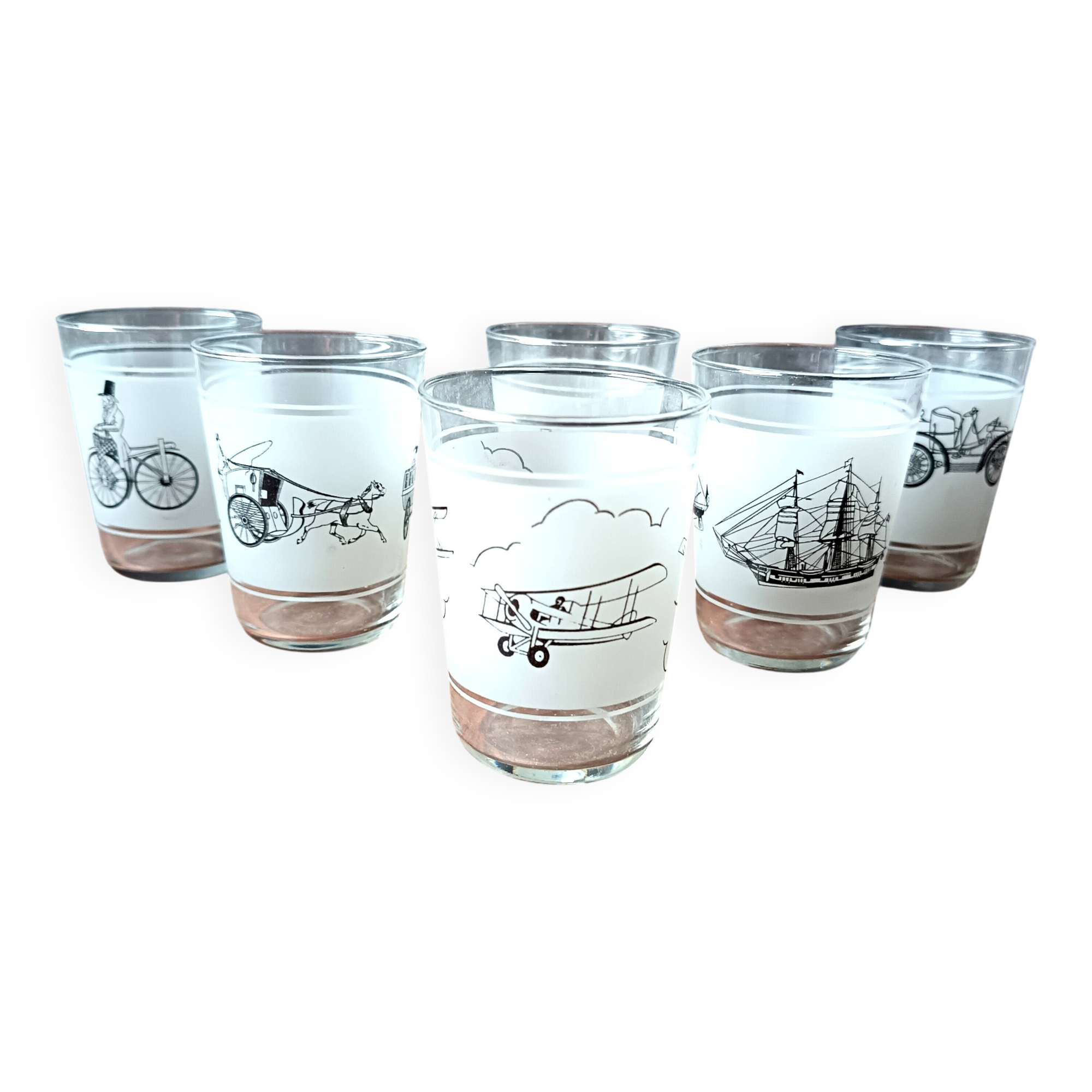 6 vintage water glasses, means of transport, France