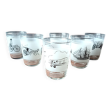 6 vintage water glasses, means of transport, France