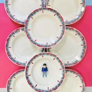 8 hollow plates ceranord st amand boulingrin pink and blue -vintage-kitchen-retro