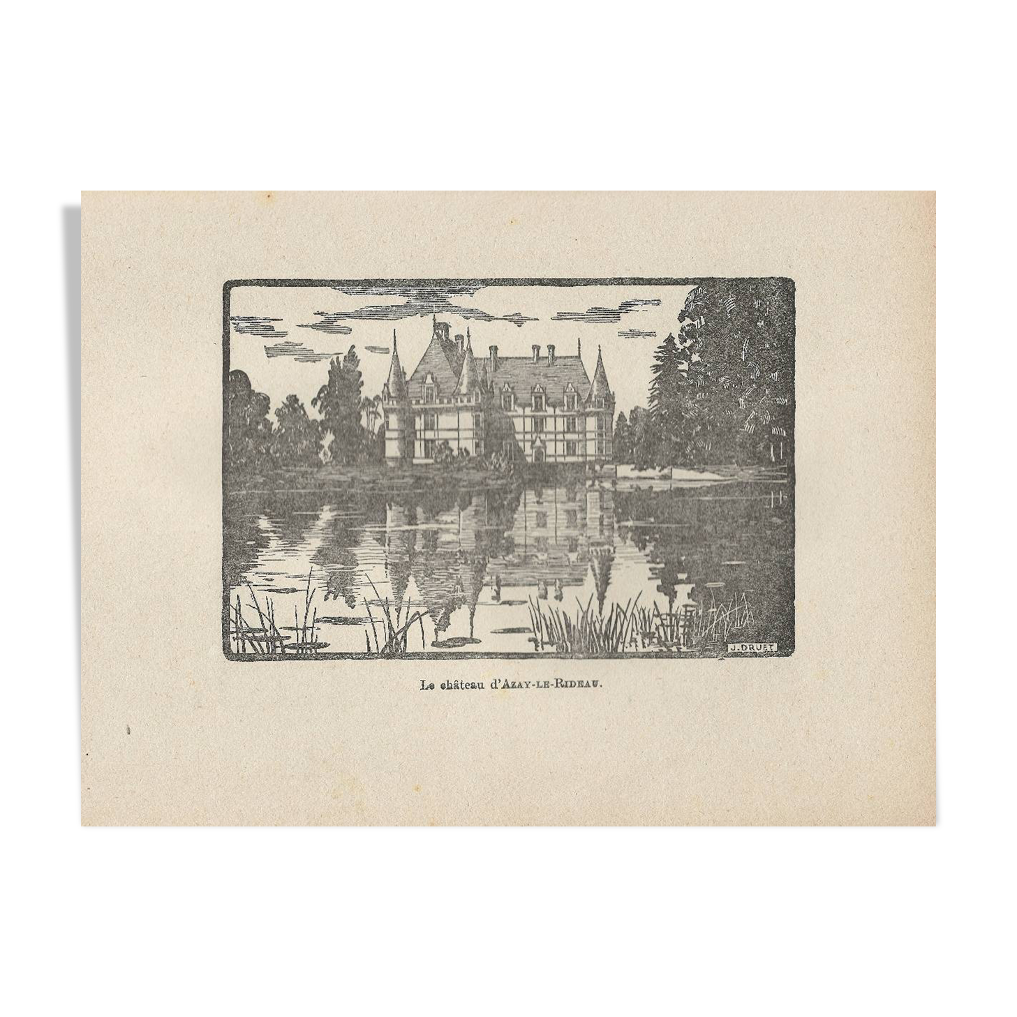 Engraving-years 1930-J Druet - The castle of Azay-le-Rideau
