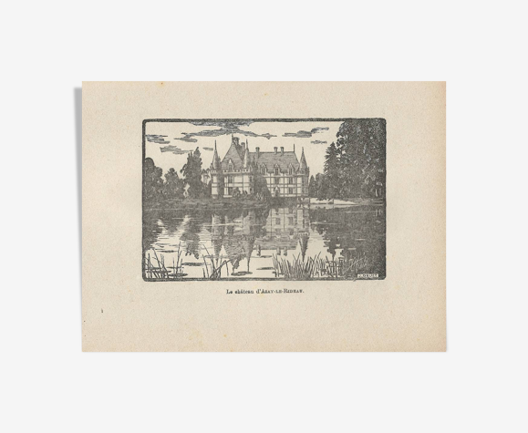 Engraving-years 1930-J Druet - The castle of Azay-le-Rideau