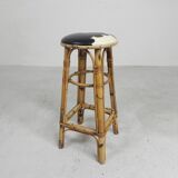 Bamboo bar stool with leatherette seat in cow print, 1950s