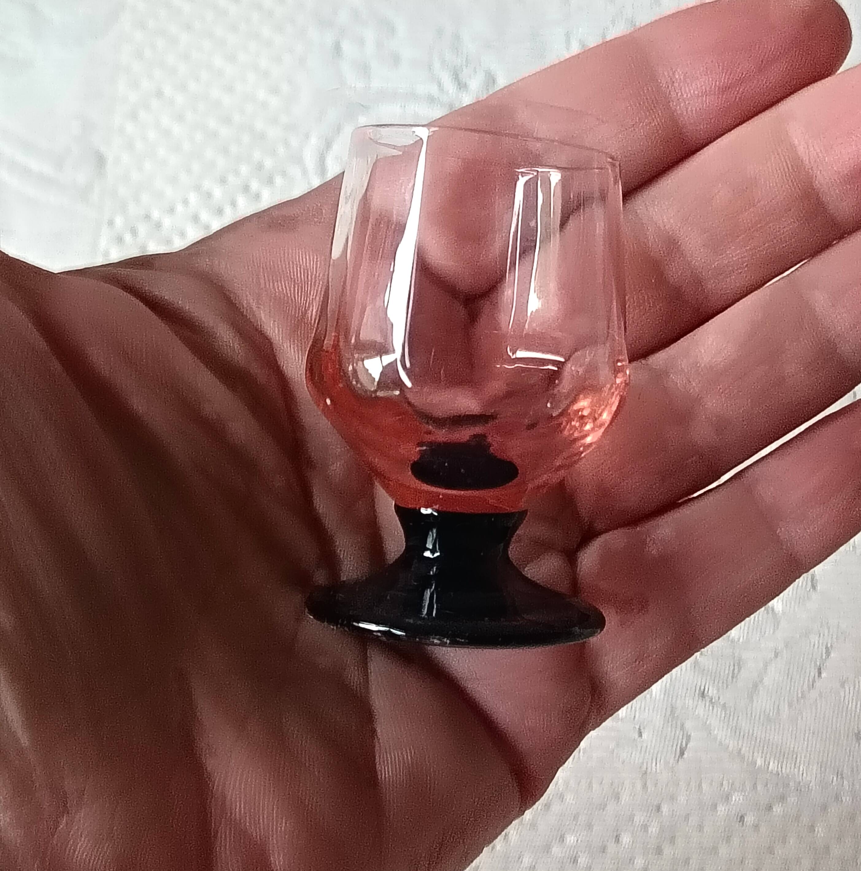 9 french liqueur glasses pink black foot vintage france